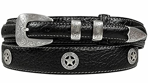 texas ranger belt buckle - Silver Engraved Ranger Star Concho Genuine Leather Western Bison Ranger Belt (Black, 36)