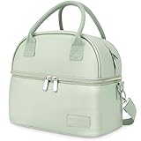 BALORAY Lunch Bag for Women Men, Double Deck Lunch Box for Adults, PU Leather Lunch Tote Bag Insulated Lunch Bags with Strap for Work Office Picnic(Green with strap)