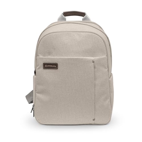 UPPAbaby Changing Backpack - Multiple Storage Compartments - Side Bottle + Laptop Pockets - Trolley Sleeve - Stroller Strap Attachment - Ada -Sandstone Mélange | Chestnut Leather