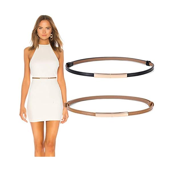Skinny Belt for Women Leather Waist Thin Belts for Dresses 2 Pack,Waist Size Below 37 Inches, A-Black+Brown