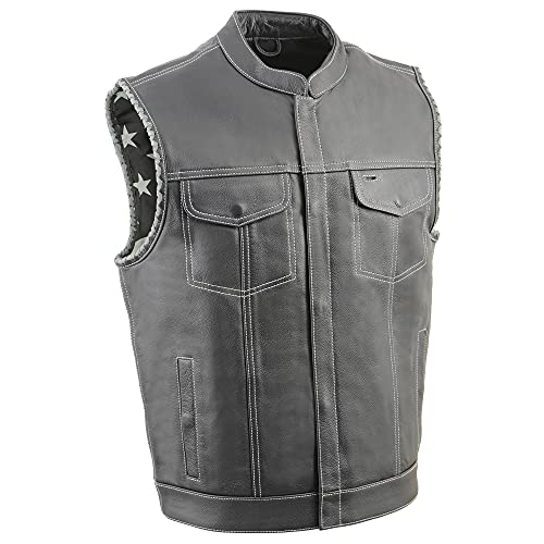Milwaukee Leather Men's Leather Club Style Biker Vest - Braided Armholes - Flag Liner - Red, Grey, White & Black Variations