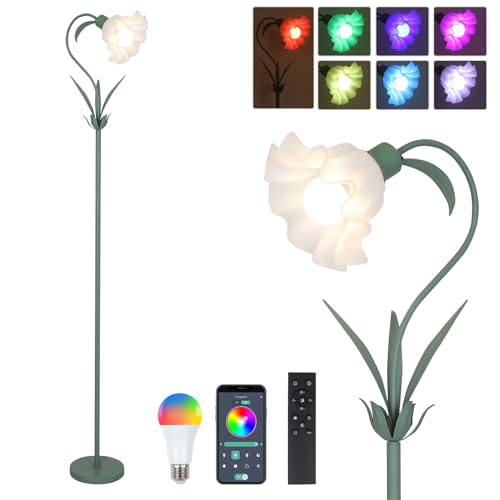 Image of HMVPL Flower Floor Lamp for Living Room, Flower Standing Lamp with Remote Control, Floral Cute Tall Lamp with RGB Bulb, Dimming, Timer, Arc Vintage Floor Lamp for Bedroom Corner Kids Room Reading