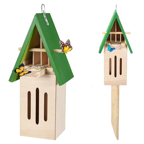 Maison à papillons et distributeur de nourriture pour le jardin, hôtel à insectes résistant aux intempéries avec piquet en bois, maison à bourdons, à suspendre au mur ou à l'arbre