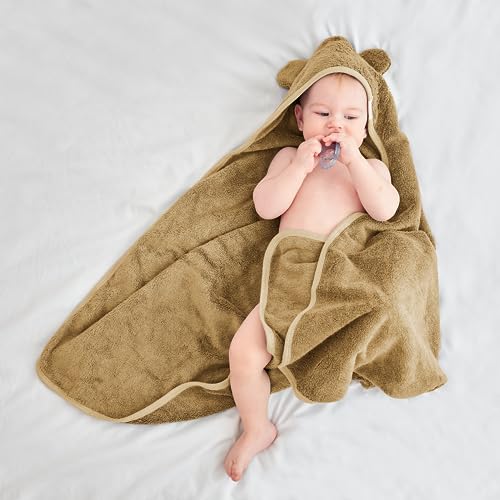 Image of Munich Blue Toddler Bath Towel for Boys & Girls - Soft Baby Bath Towels with Cute Bear Ears - Cozy Baby & Toddler Towels, 600 GSM, 35x35 inch (Brown Sugar)