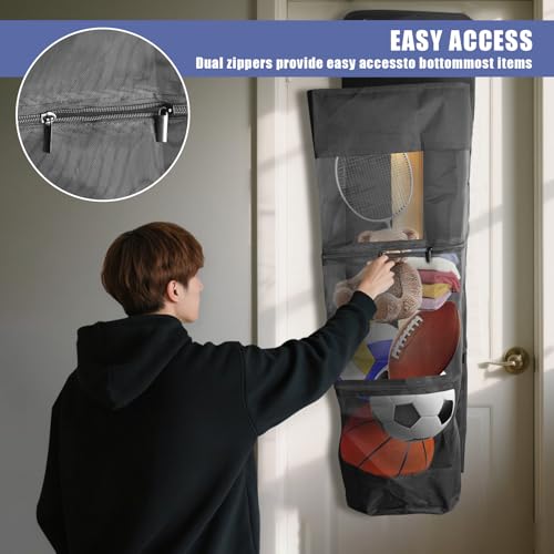 Über der Tür hängender Sportgeräte-Organizer, große hängende Sporttasche mit 2 Metallhaken, an der Wand hängender Ballhalter zur Aufbewahrung von Basketball, Fußball, Volleyball und Tennis (Schwarz)
