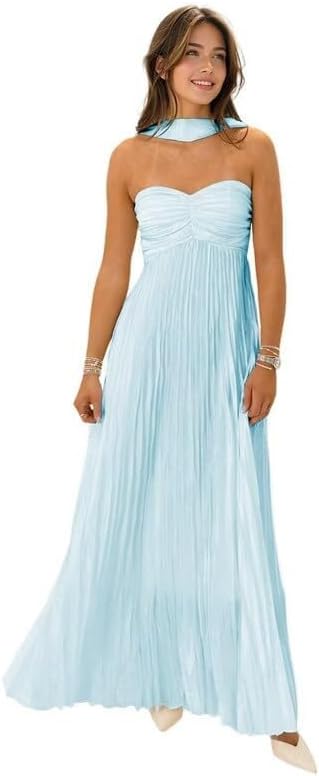 Womens Chiffon Bridesmaid Dresses with Scarf Long Strapless Prom Dresses 2025 Pleated Wedding Guest Dress B21