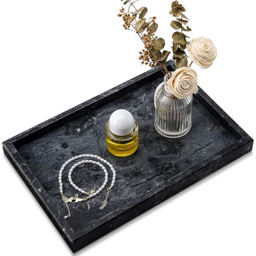 Image of Real Natural Marble Tray for Bathroom, Vanity, Kitchen and Desktop, Rectangle Genuine Marble Stone Tray for Jewelry, Cosmetics, Candles, Lotion, Perfume and Home Decor Black