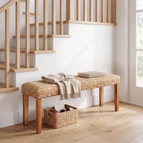 Image of Entryway Bench, 47 inch Natural Plait Seat Wicker and Solid Acacia Wood Frame