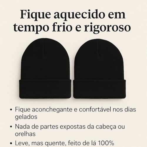Kit com 2 Gorros de Lã Preto Inverno Unissex - Touca Lisa Preta Térmica Proteção Frio Cabeça