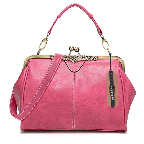 Segater Bolsa carteiro feminina vintage pequena retrô Kiss Lock Bolsa tiracolo de couro fosco, rosa, Medium