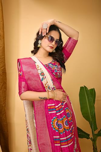 Image of Amazon Brand - Tavasya Women's Soft Dola Cotton Kalamkari Printed Saree with Jacquard Kanjivaram Zari Border & Pallu | Elegant Traditional Saree with Matching Printed Blouse Piece