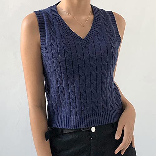 Women V-neck Retro Sweater Vest Casual Preppy Style Sleeveless Pullover Crop Top
