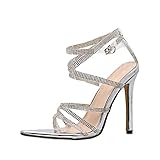  Minetom Damen Sandaletten High Heels Stiletto Schnalle Sexy Open Toe Hohl Kreuzgurt Mit Strass Sandalen Abend Party Braut Schuhe Silber 35 EU