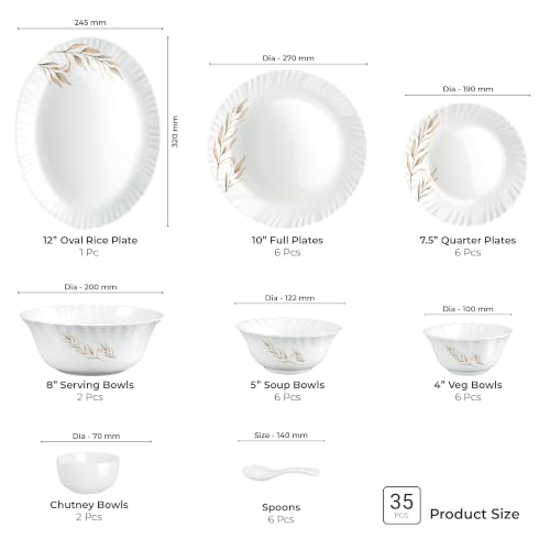 Image of Treo by Milton Opalware Aurelia Selene Dinner Set of 35 | Serving for 6 | Microwave & Dishwasher Safe | Bone-Ash Free | Tempered Toughness | Plates, Bowls, Spoons | Crockery Set for Dining & Gifting