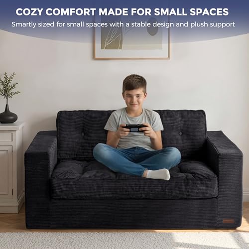 Image of MAXYOYO Loveseat Sofa Couch, Upholstered Bean Bag Chair Cloud Seat for Adults, Boneless Couch with Cushion & Pillows, Sofa in A Box, No Assembly Required, Corded Black, 2-Seat