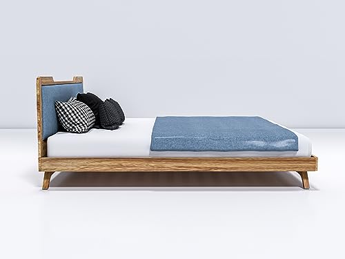 Image of Wooden Double Bed Without Storage | Low Height Cot with Blue Upholstered Cushion Headboard | Solid Wood Sheesham, Brown Finish | Mattress Size: 78 X 48