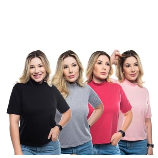 M. TSHIRTS, Kit 4 Camisetas Feminina Gola Alta Manga Curta Basica Lisa Tamanho:M;Cor:Preto+Pink