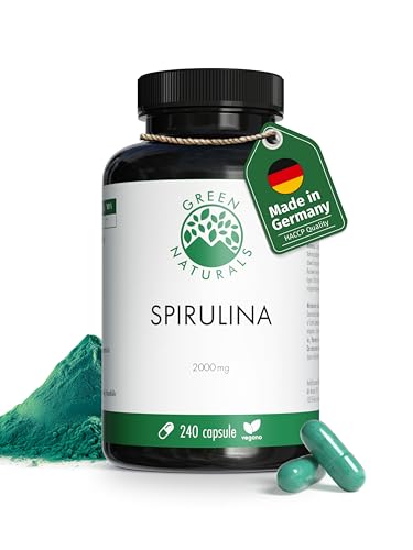 Spirulina - Alto dosaggio: 2000 mg di polvere di spirulina pura al giorno - Fornitura per 2 mesi - Senza additivi, vegano e prodotto in Germania - 240 capsule - Green Naturals®