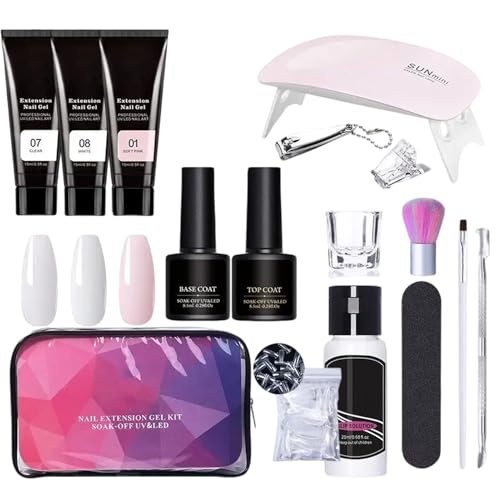 Kit de gel de extensión de poliéster, kit de gel de 3 colores con solución deslizante y lámpara de uñas, suministros de manicura profesional para principiantes