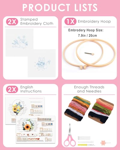 Image of TINDTOP 2 Pack Embroidery Kit for Adult Beginners, Embroidery DIY Starter Kit, with Black Cat and Flowers Stamped Patterns, Hoop, Tools, Colorful Threads with Needles, Instructions | 2 Pack with Black Cat And Flowers Stamped Patterns, Hoop, Tools, Colorful Threads with Needles, Instructions