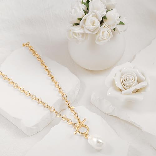 Canevinka 18K Gold Plated White Baroque Pearl Pendant Ot Toggle Clasp Necklace Gold Simple Y-Shape Rolo Chain Necklace Irregular Shell Pearl Pendant Water Droplet Type Chain Necklace For Women thumb #6