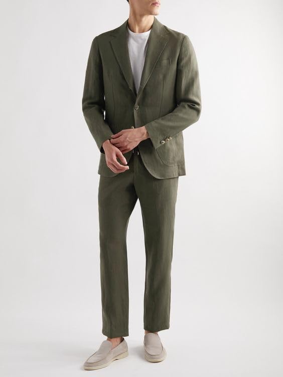 Men Linen 2 Pieces Olive Green Leisure Tuxedos Prom Business Summer Beach Casual Suits Blazer Pants2
