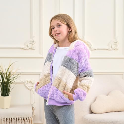 Image of Girls Zip up Hoodie Kids Fuzzy Fleece Jacket with hood Fall Winter Contrast color Pullover Sweatshirt 4-14 Years