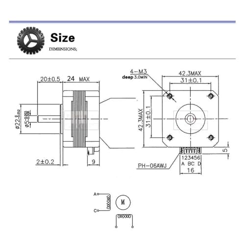 Moteur pas à pas 42 plat 23mm 1.2A avec câble de liaison