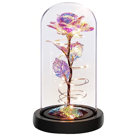 Mothers Day Roses Gifts for Mom Her,Women Birthday Gifts,Colorful Rainbow Artificial Flower Rose Light Gift in A Glass Dome,Love Gifts Daughter Women Mom Gifts for Mothers Day,Valentines Gifts