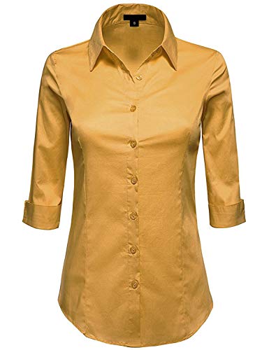 MAYSIX APPAREL 3/4 Sleeve Stretchy Button Down Collar Office Formal Shirt Blouse for Women Mustard M