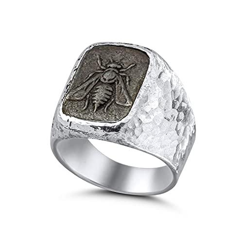 AtlantisFineJewels (FREE SIZING) 925 Sterling Silver Oxidized Bee Coin Men s Ring Hammered Handmade Turkish Artisan Signet Jewelry by OMER