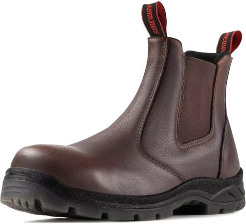 SUREWAY Men's Slip-On Work Boots for Men,Full Grain Leather,Anti-Static,Water/Slip Resistant,Fire Station Mechanic Industrial Construction Safety Boots/Shoes for Men,Composite Toe DK Brown,Size 9.5