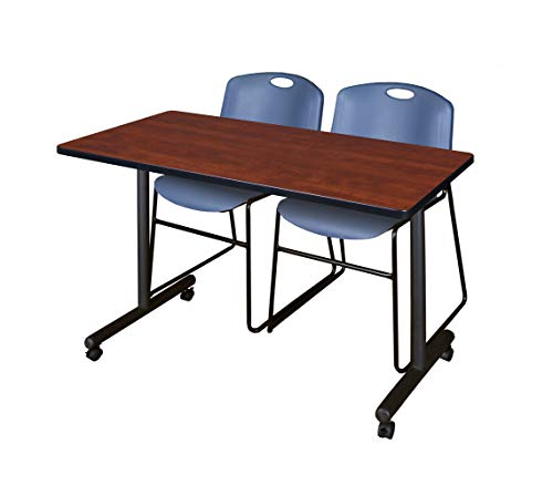 Image of Regency Kobe 48 x 24 in. Mobile T-Base Training Table- Cherry, 2 Zeng Stack Chairs- Blue