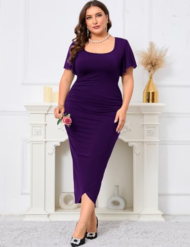 Image of ZOMVA 2024 Plus Size Cocktail Dress Comfortable Bell Sleeves Wedding Guest Square Neck Semi Formal