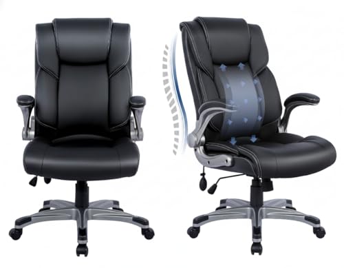 COLAMY Leather Executive Office Chair- High Back Home Computer Desk Chair with Padded Flip-up Arms, Adjustable Tilt Lock, Swivel Rolling Ergonomic Chair for Adult Working Study-Black, Set of 2