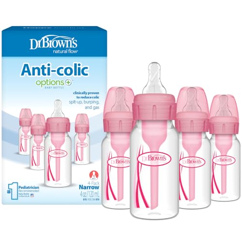 Dr. Brown's Anti-Colic Options+ Narrow Baby Bottle, Pink, 4 oz, 4-Pack | Clinically Proven to Reduce Colic, Pack of 4 Baby Bottles with Level 1 Slow Flow Nipples, 0m+, BPA-Free