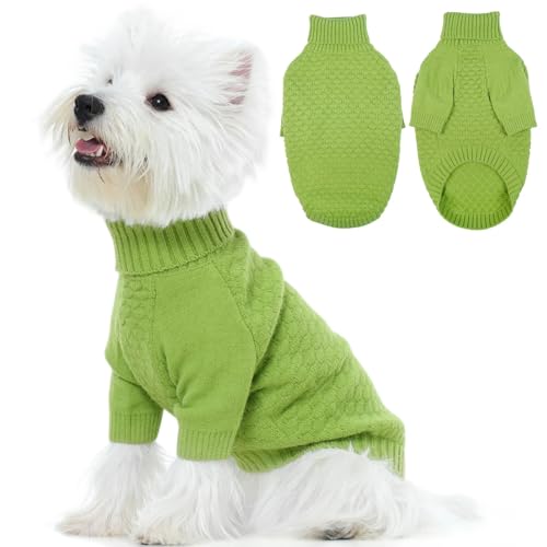 Kuoser Dog Sweater Thick Warm Puppy Turtleneck Sweaters, Cold Weather Cable Knitwear Soft Dog Sweaters for Small Dogs Girl Boy, Solid Pet Pullover Sweater Winter Fall Clothes, Green S Small