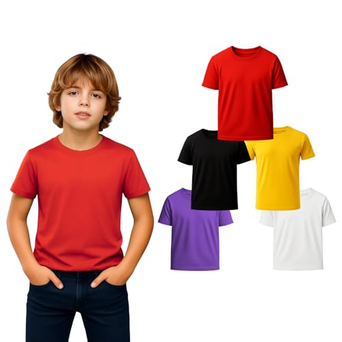 PRINTSHOP4ME Kids T-shirt 5 Packs 100% Cotton Short Sleeve Round Neck T-shirt - Plain Top Tees Boy & Girl Unisex (UAE/KSA, Age, 4 Years, Regular, 5 Pack-Black/yellow/Red/Purple/White)