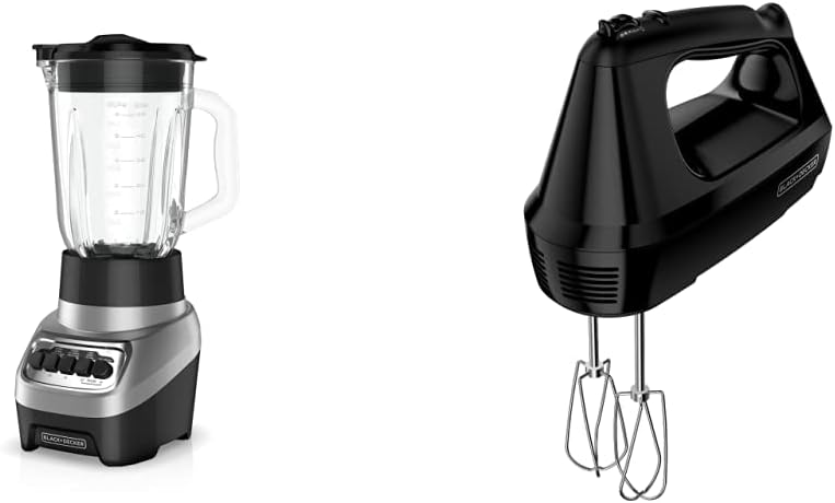 Black+Decker PowerCrush 6 カップ ガラス瓶、4 速設定、5 つのアタッチメントと収納ケース付きのシルバー & 6 速ハンド ミキサー、MX3200B を備えた多機能ブレンダー