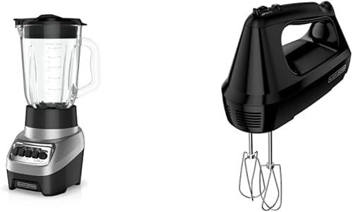 BLACK+DECKER PowerCrush - Batidora multifunción con tarro de vidrio de 6 tazas, 4 ajustes de velocidad, batidora de mano plateada y 6 velocidades