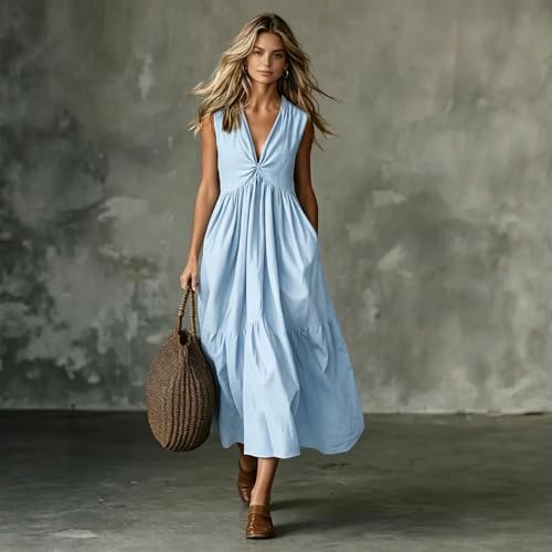 Robe débardeur fluide col en V robe d'été ample en tissu mélangé - 4