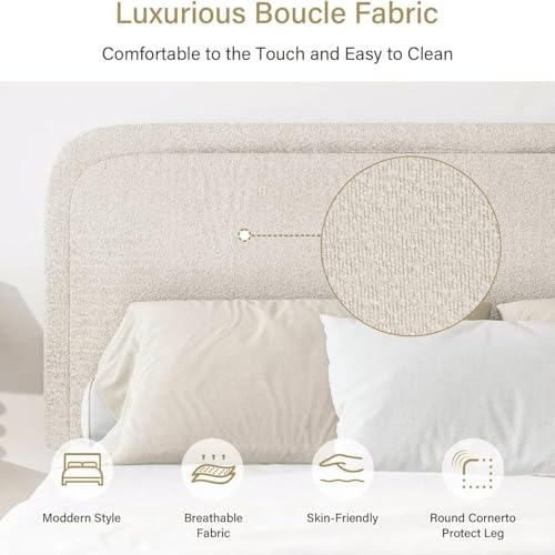 Image of BarnFurin King Bed Frame and Headboard, Cloud Boucle Upholstered Platform Bed Frame, Modern Style, Soft Rounded Corners, No Box Spring Required, Easy Assembly, Beige