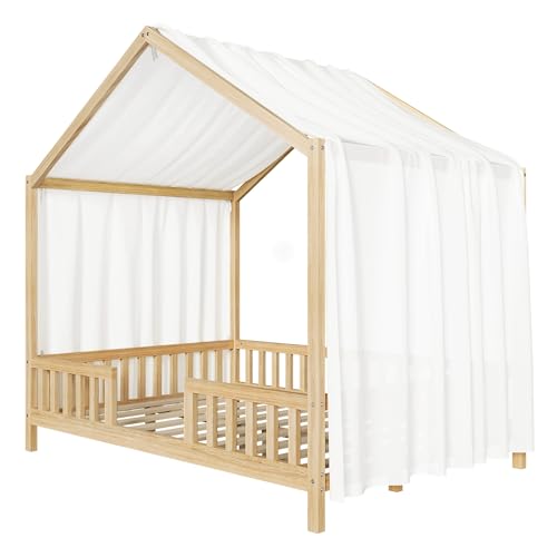 Image of Bellemave Full House BedFrame with Canopy and Rails, Montessori Bed, House Bed with Rails for Kids, Natural