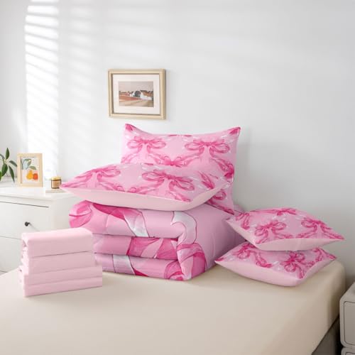 Image of Pink Bow Full Size Bed Sheets and Comforter Set | Cute Ribbon Bowknot 7 Piece Bedding Set Princess Bow Bed in a Bag, Kawaii Bow Tie Room Decor,Light Pink Room Decor Aesthetic