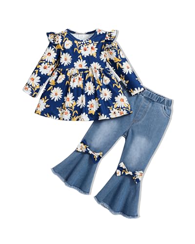Doresbebe 3-4T Toddler Girl Jeans Clothes Kid Fall Winter Outfit Long Rufffle Sleeves Floral Shirts Top Ripped Denim Pants with Bow 4 Years Old Fashion Outfits 2Pcs Blue