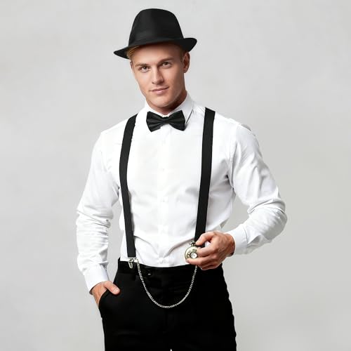 Image of BABEYOND 1920s Mens Gatsby Gangster Accessories Set Panama Hat Suspender Bow Tie