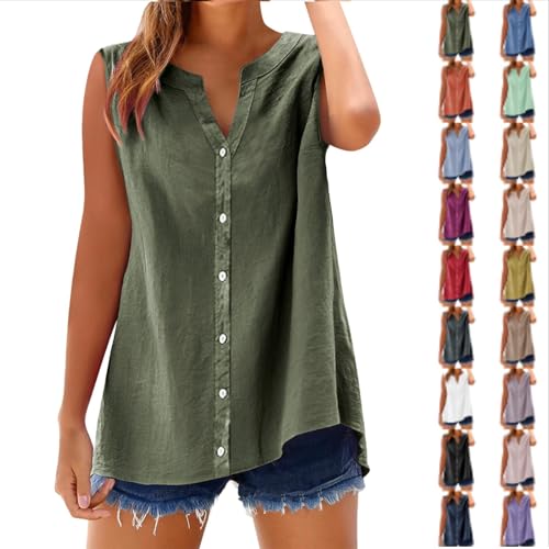 Green 2025 Summer 100% Cotton Linen Button Down Tank Tops for Women Lightweight Breathable Sleeveless Shirts Textured Linen Sleeveless Blouses V Neck Peasant Boho Soft Comfy Petite Plus Size Tops L