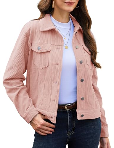 YUCOLEN Womens Corduroy Jacket Button Down Collared Coat Light Pink S