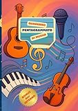 Quaderno pentagrammato di musica formato A4: 120 pagine di pentagrammi ognuna con 12 righi- indice iniziale- giochi a tema musicale-per le Scuole Elementari e Medie