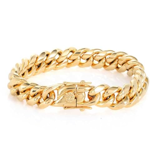 18K gold men's fashionable Cuban dragon head buckle 12mm wide bracelet, hip-hop trendy charm, men's tennis bracelet gift (18K Gold, 8.5 IN)